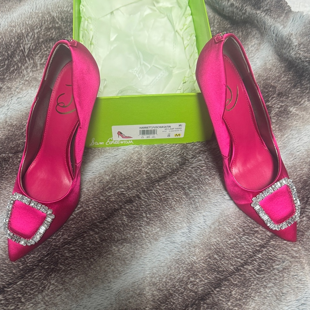 Sam Edelman Fuchsia Satin Heels with Sparkling Buckle